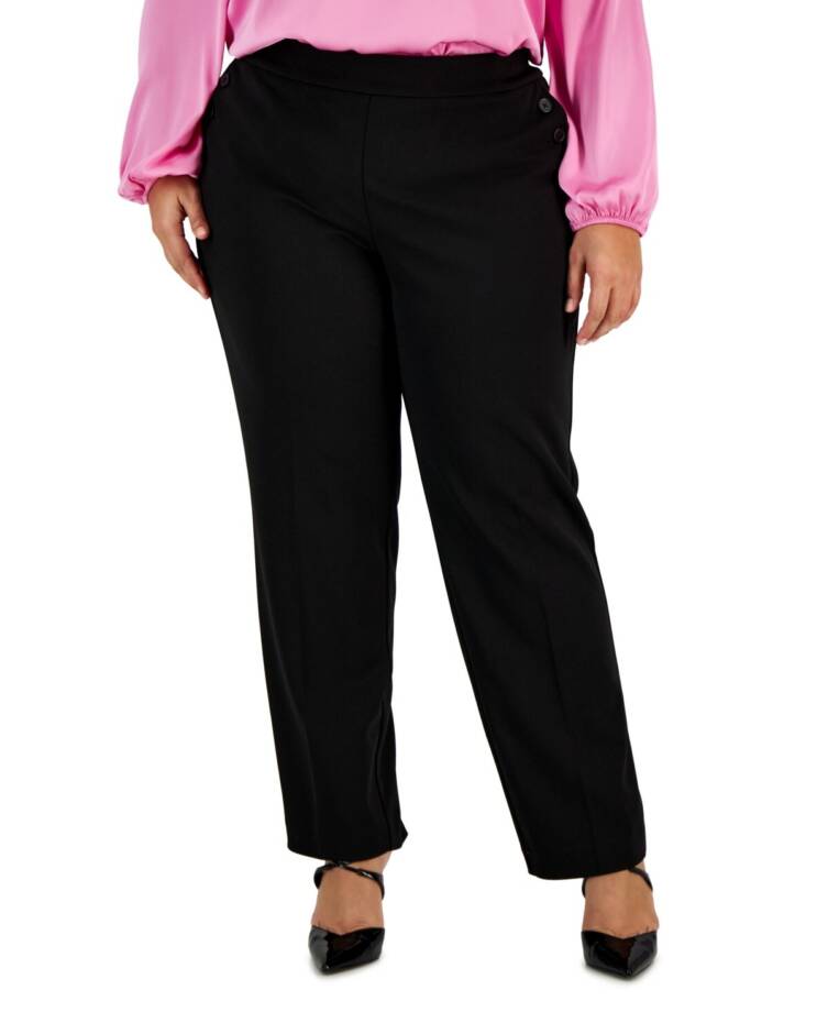 Bar III Plus Size Button-Detail Straight-Leg Pull-On Pants Women's 1X Black