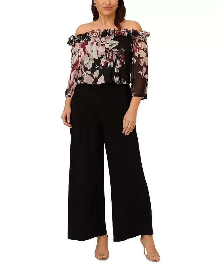 Adrianna Papell Plus Off-the-Shoulder Ruffle Jumpsuit Women's 16W Black Multi