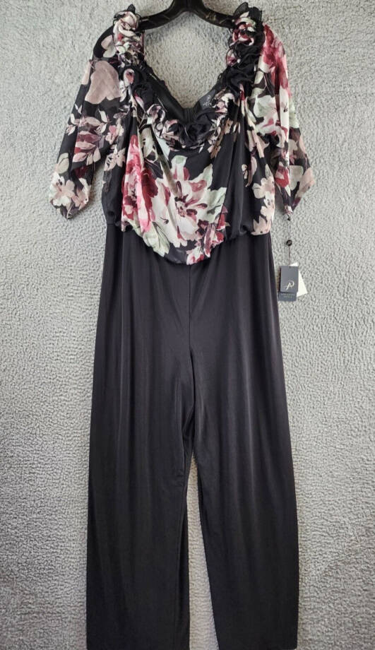 Adrianna Papell Plus Off-the-Shoulder Ruffle Jumpsuit Women's 16W Black Multi