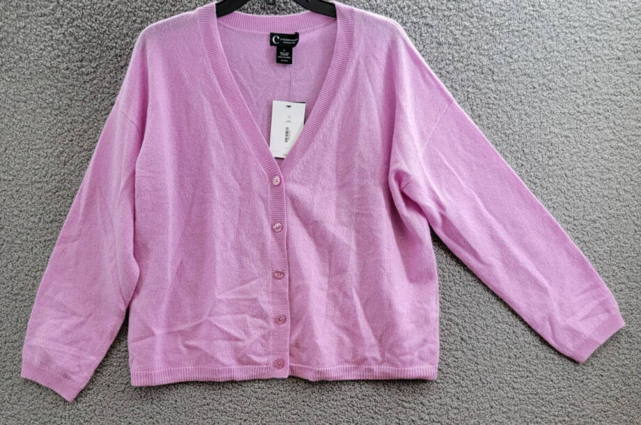 C by Bloomingdale's Cashmere Long Sleeve V-Neck Cardigan Women's L Rose Quartz