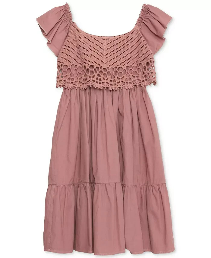 Speechless Crochet Babydoll Dress Big Girls 12 Mauve Straight Neck Short Sleeve