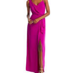 AQUA Asymmetric Overlay Crepe Gown Women's 2 Orchid Front Slit Back Zip Closure