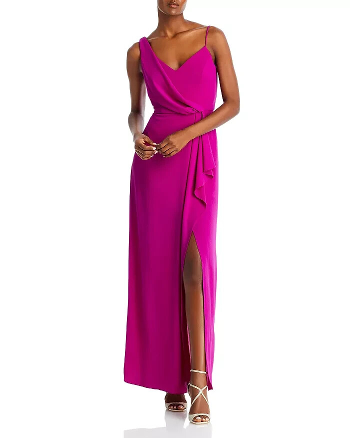 AQUA Asymmetric Overlay Crepe Gown Women's 2 Orchid Front Slit Back Zip Closure