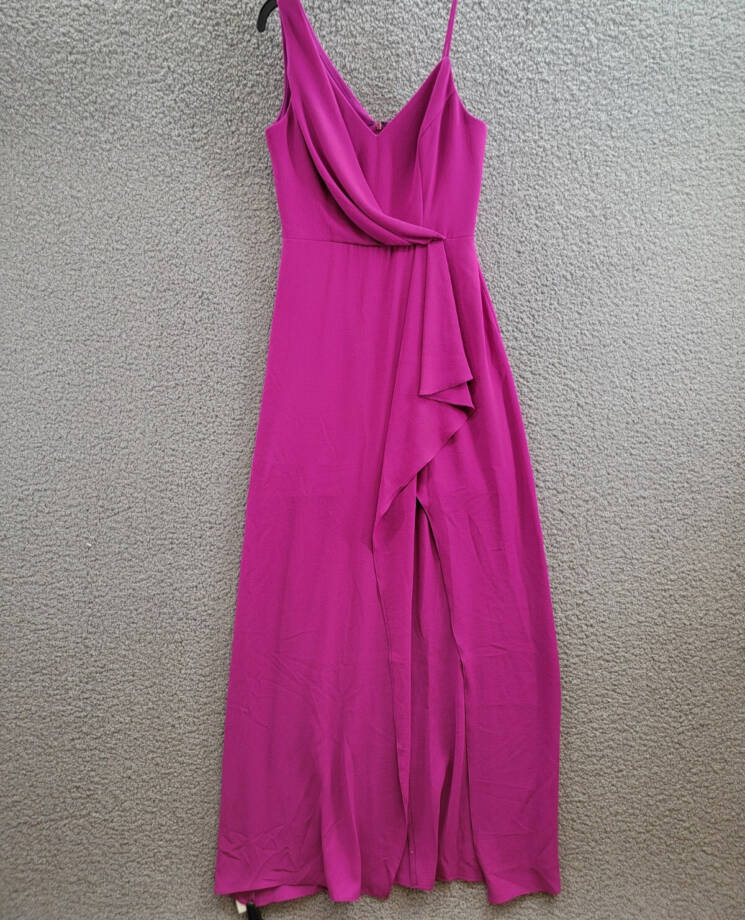 AQUA Asymmetric Overlay Crepe Gown Women's 2 Orchid Front Slit Back Zip Closure