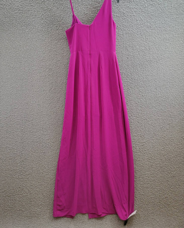 AQUA Asymmetric Overlay Crepe Gown Women's 2 Orchid Front Slit Back Zip Closure