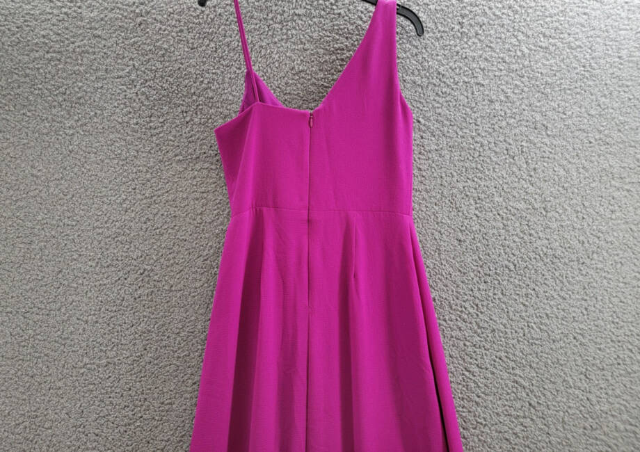 AQUA Asymmetric Overlay Crepe Gown Women's 2 Orchid Front Slit Back Zip Closure