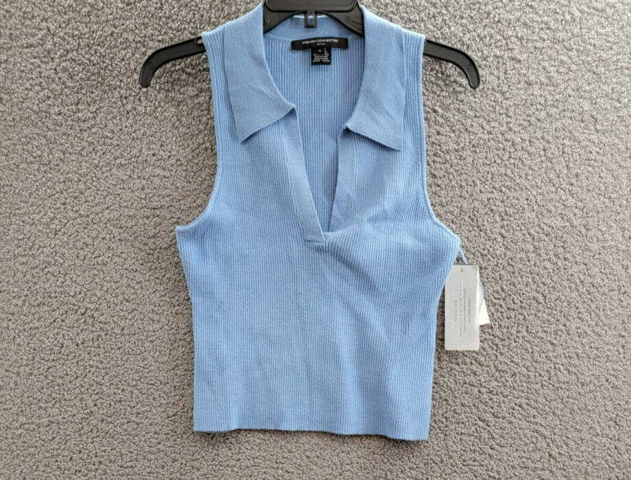 FRENCH CONNECTION Cosysoft V-Neck Knit Tank Top Women's XL Blue Ribbed Pullover