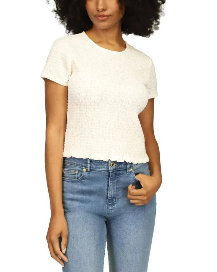 Michael Michael Kors Smocked Crewneck Top Women's M White Button Back Closure