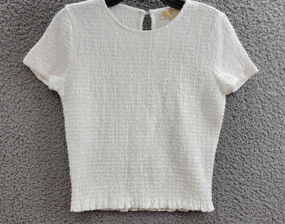 Michael Michael Kors Smocked Crewneck Top Women's M White Button Back Closure