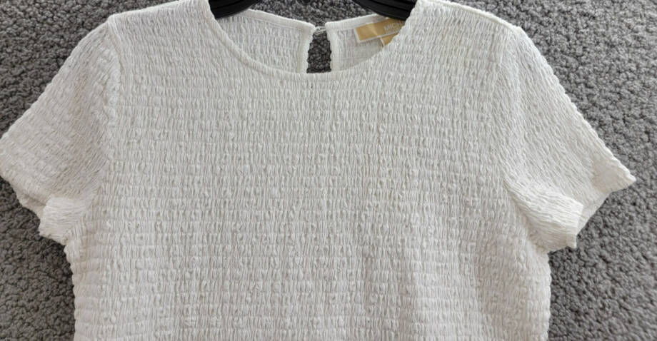 Michael Michael Kors Smocked Crewneck Top Women's M White Button Back Closure