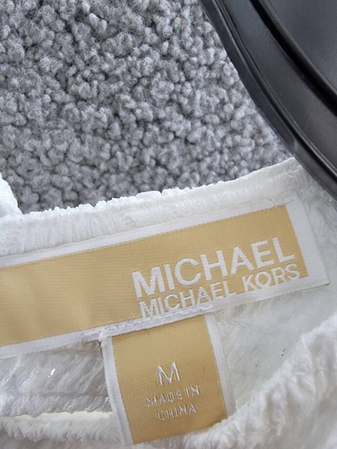 Michael Michael Kors Smocked Crewneck Top Women's M White Button Back Closure