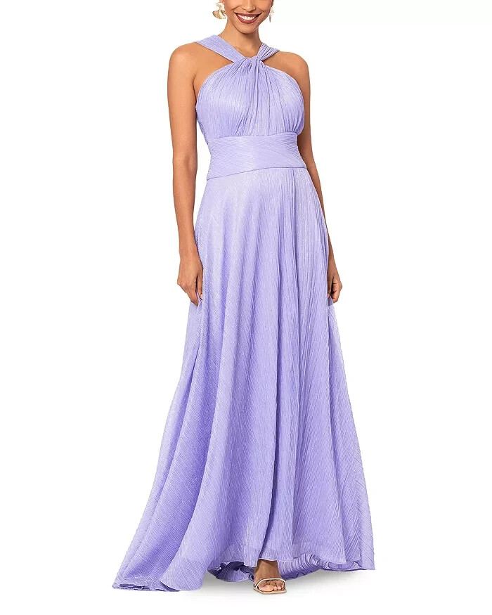 AQUA Metallic Crinkle Gown Women's 6 Lavender Twist Halter Neck Back Zip Closure