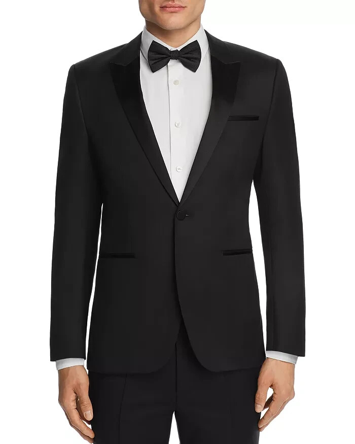 HUGO Astiane Slim Fit Tuxedo Jacket Men's 36S Black Virgin Wool Blend Peak Lapel