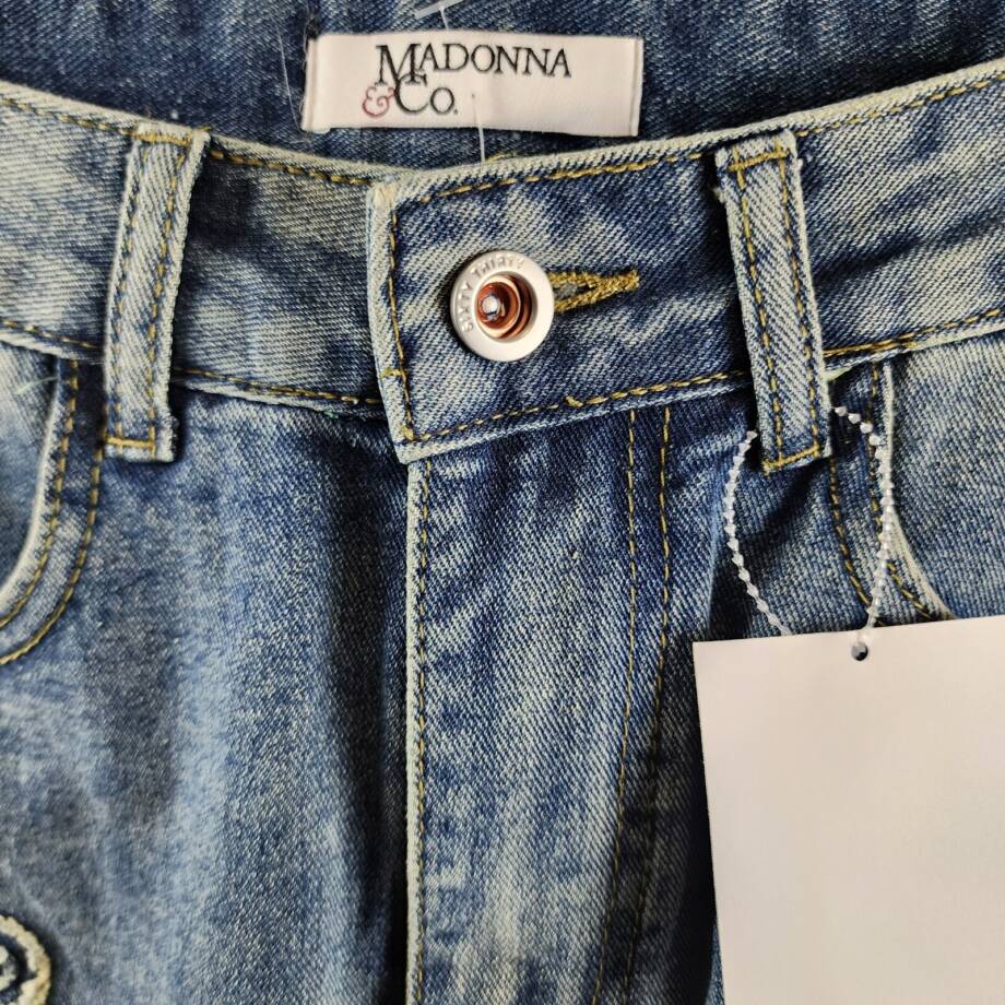 Madonna & Co Denim Mini Skirt Womens M Light Wash Embroidered Button Zip Closure