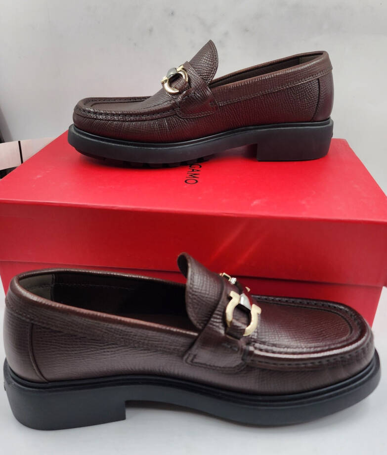 Ferragamo Duglas Slip On Loafer Mens 7 Dark Brown Signature Gancini Bit Hardware