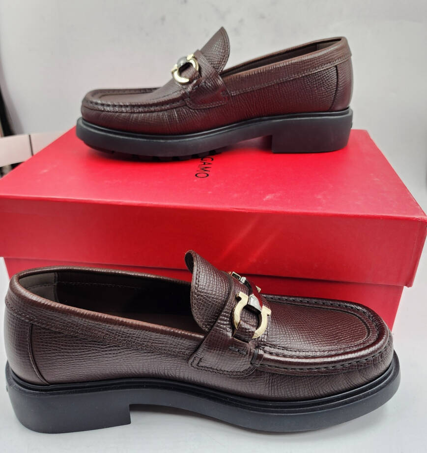 Ferragamo Duglas Slip On Loafer Mens 7 Dark Brown Signature Gancini Bit Hardware