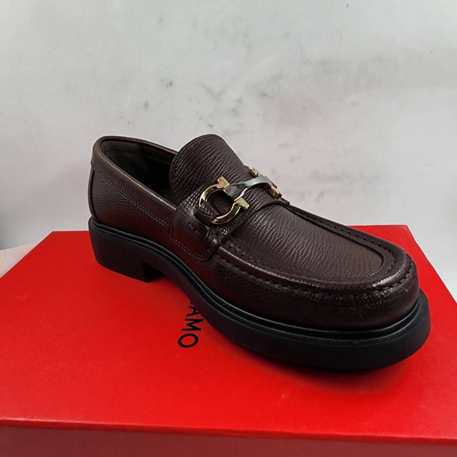 Ferragamo Duglas Slip On Loafer Mens 7 Dark Brown Signature Gancini Bit Hardware