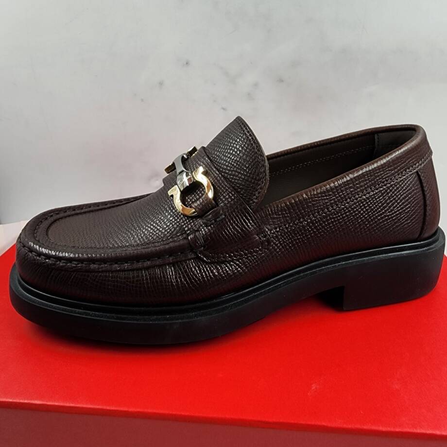 Ferragamo Duglas Slip On Loafer Mens 7 Dark Brown Signature Gancini Bit Hardware