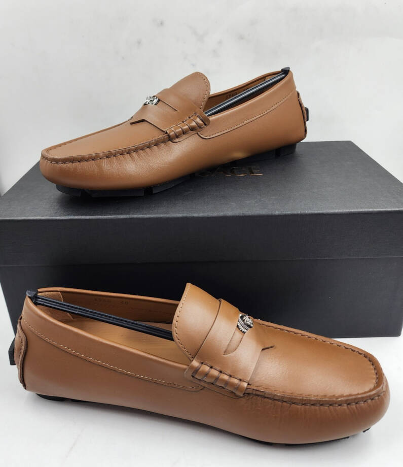 Versace Medusa Head Biggie Leather Loafers Mens 7.5 Dark Toffee Rear Logo Patch