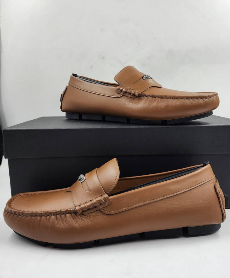 Versace Medusa Head Biggie Leather Loafers Mens 7.5 Dark Toffee Rear Logo Patch