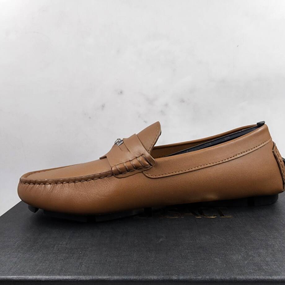 Versace Medusa Head Biggie Leather Loafers Mens 7.5 Dark Toffee Rear Logo Patch