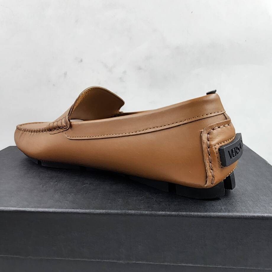 Versace Medusa Head Biggie Leather Loafers Mens 7.5 Dark Toffee Rear Logo Patch