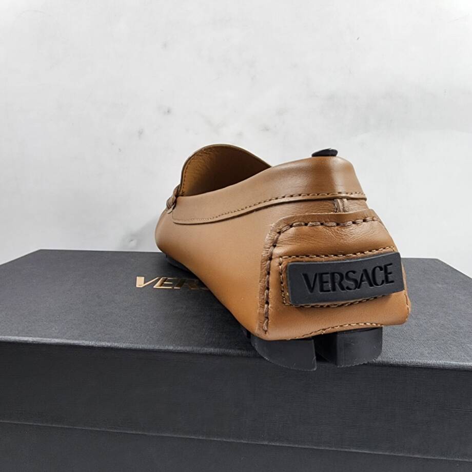 Versace Medusa Head Biggie Leather Loafers Mens 7.5 Dark Toffee Rear Logo Patch