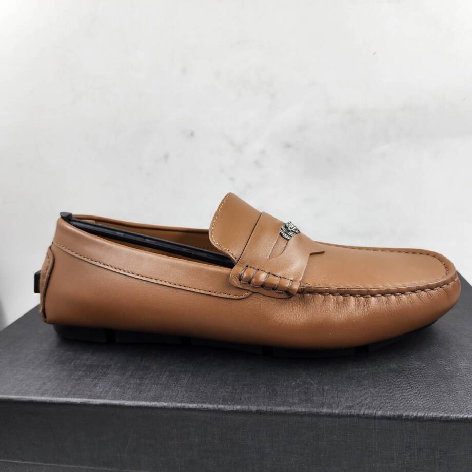 Versace Medusa Head Biggie Leather Loafers Mens 7.5 Dark Toffee Rear Logo Patch