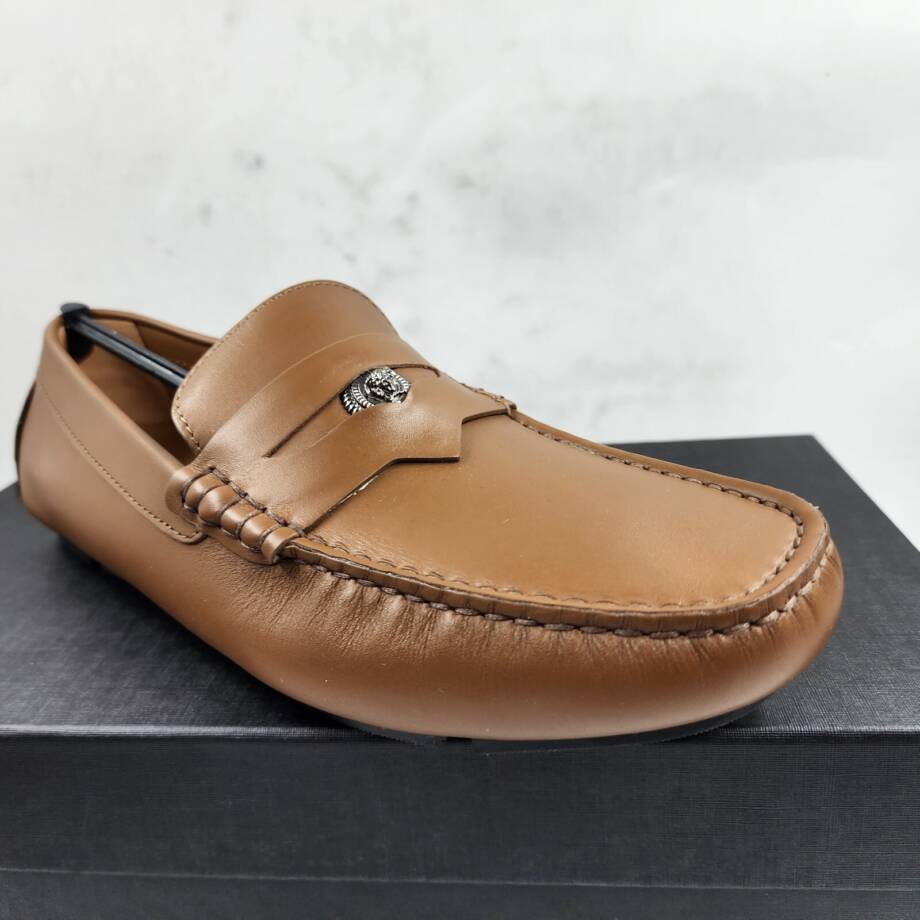 Versace Medusa Head Biggie Leather Loafers Mens 7.5 Dark Toffee Rear Logo Patch