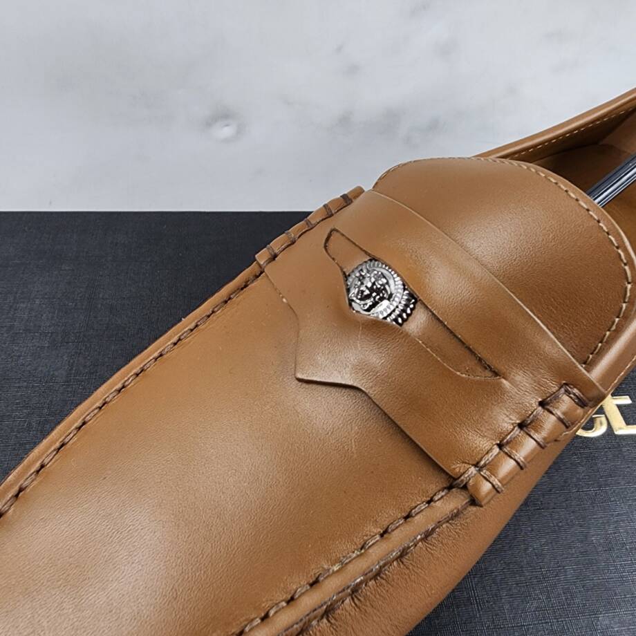 Versace Medusa Head Biggie Leather Loafers Mens 7.5 Dark Toffee Rear Logo Patch