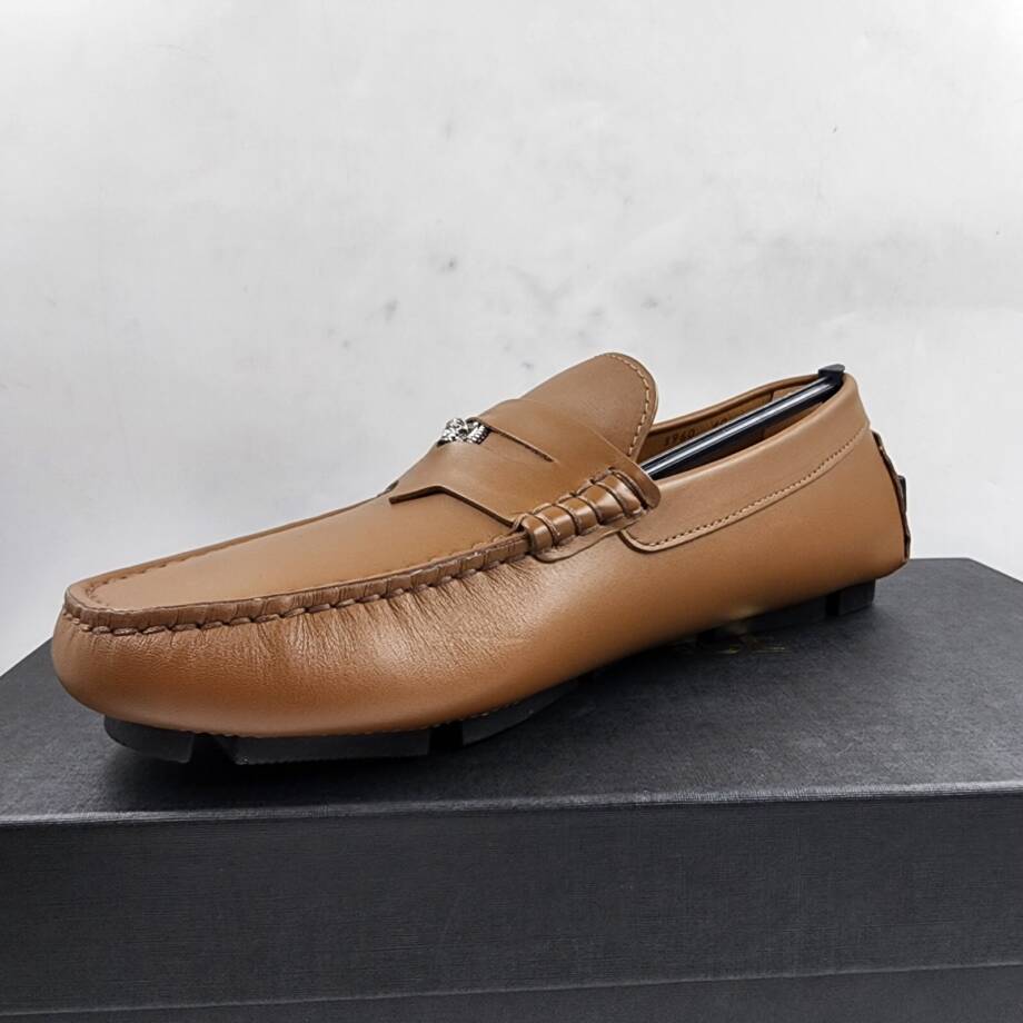 Versace Medusa Head Biggie Leather Loafers Mens 7.5 Dark Toffee Rear Logo Patch