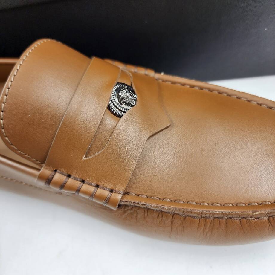 Versace Medusa Head Biggie Leather Loafers Mens 7.5 Dark Toffee Rear Logo Patch