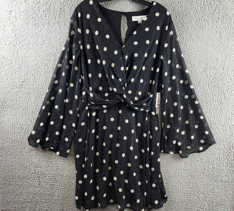 Emma & Michelle Faux Wrap Dress Women's L Black/White Dot Snap Front Button Back