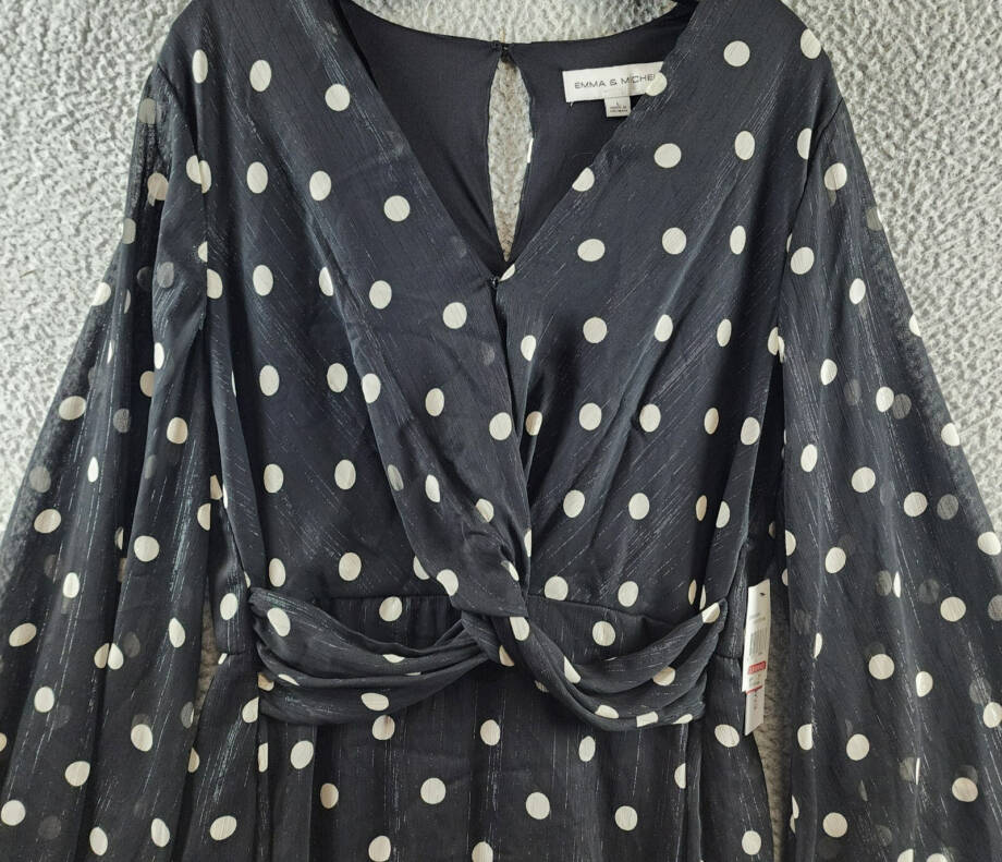 Emma & Michelle Faux Wrap Dress Women's L Black/White Dot Snap Front Button Back