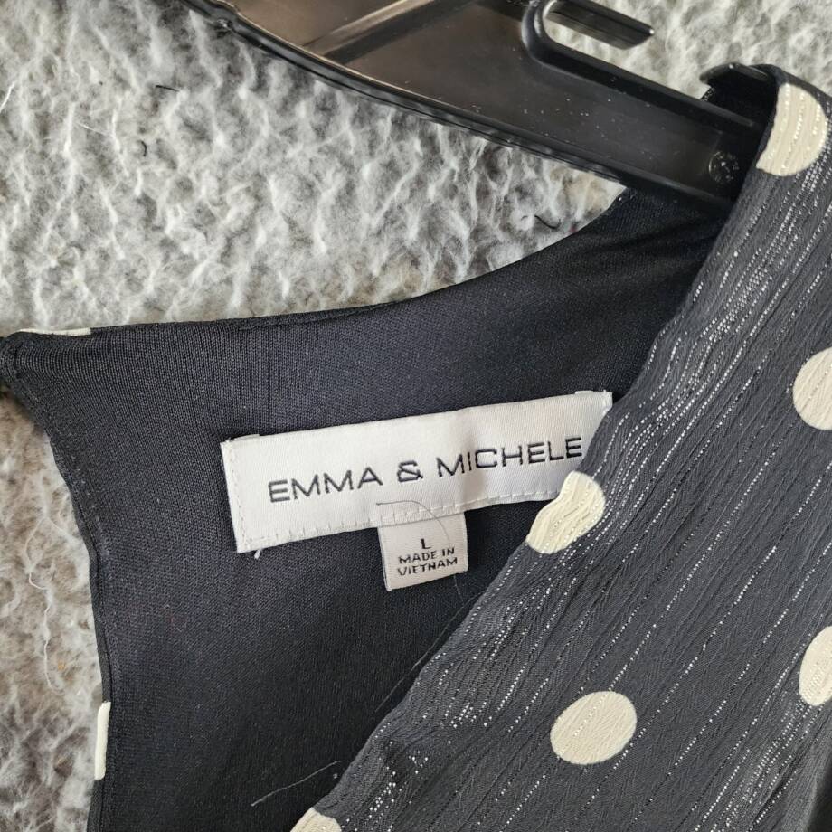 Emma & Michelle Faux Wrap Dress Women's L Black/White Dot Snap Front Button Back