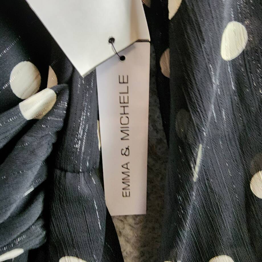 Emma & Michelle Faux Wrap Dress Women's L Black/White Dot Snap Front Button Back