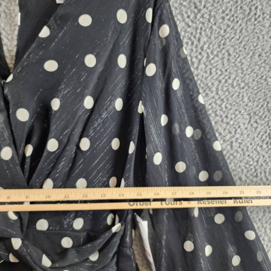 Emma & Michelle Faux Wrap Dress Women's L Black/White Dot Snap Front Button Back