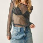 Free People Low Back Filter Finish Long Sleeve Top Women's S Navy Sheer Pullover