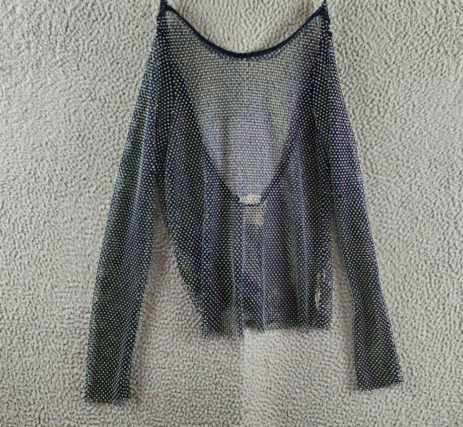 Free People Low Back Filter Finish Long Sleeve Top Women's S Navy Sheer Pullover
