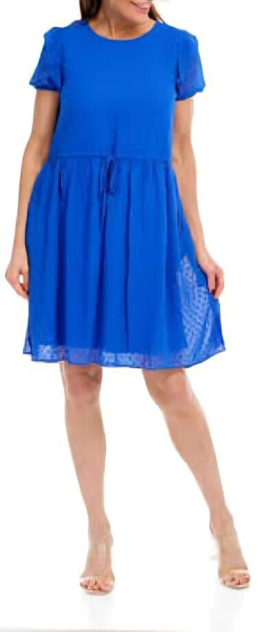 52seven Drawstring Waist Dress Women's L Cobalt Round Neck Short Sleeve Tie Back