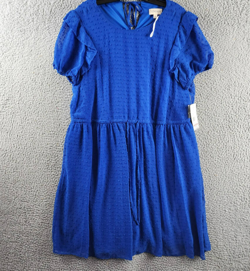 52seven Drawstring Waist Dress Women's L Cobalt Round Neck Short Sleeve Tie Back