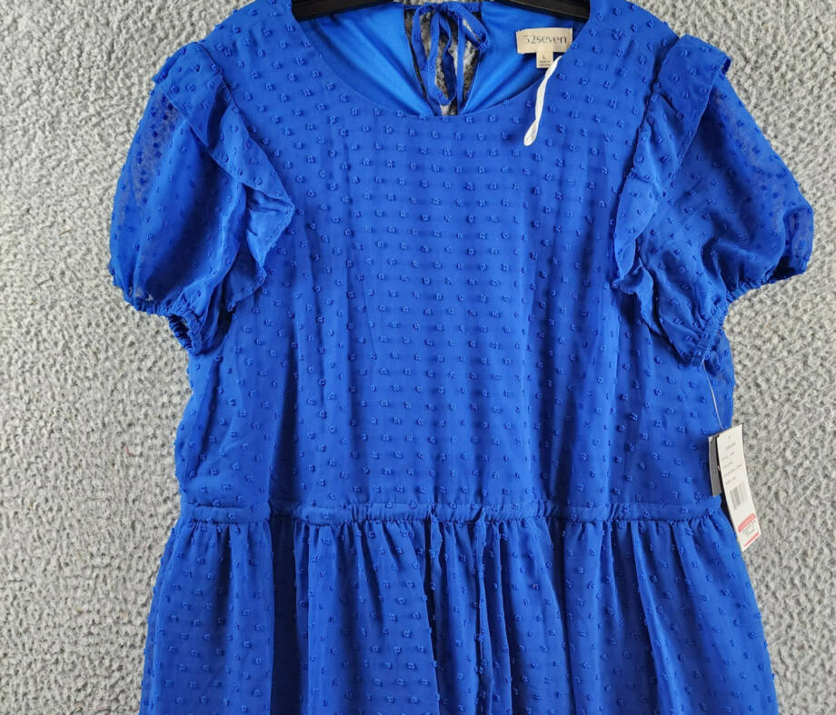 52seven Drawstring Waist Dress Women's L Cobalt Round Neck Short Sleeve Tie Back
