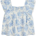 Polo Ralph Lauren Floral Slub Top Girls' 14 Blue/White Square Neck Pullover S/S