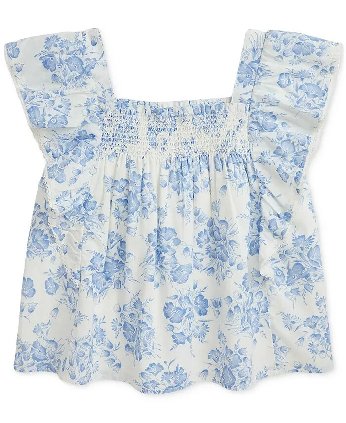 Polo Ralph Lauren Floral Slub Top Girls' 14 Blue/White Square Neck Pullover S/S