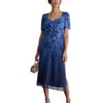 DKNY Printed Sweetheart-Neck Short-Sleeve Midi Dress Women's 10 Blue Zip Closure