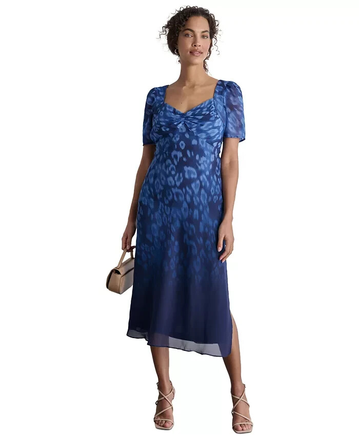 DKNY Printed Sweetheart-Neck Short-Sleeve Midi Dress Women's 10 Blue Zip Closure