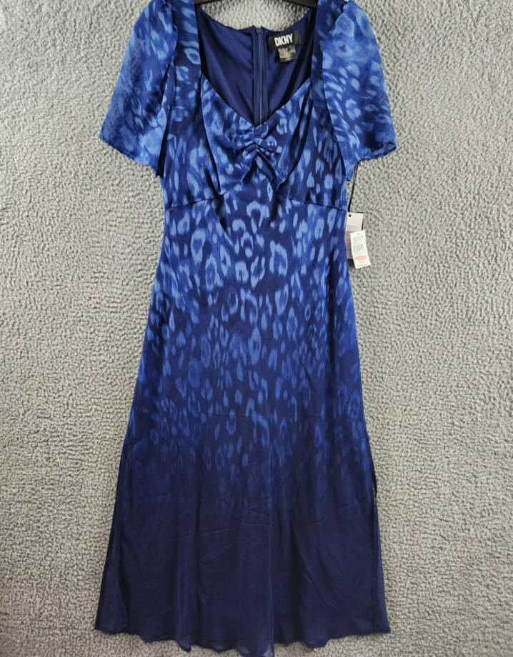 DKNY Printed Sweetheart-Neck Short-Sleeve Midi Dress Women's 10 Blue Zip Closure