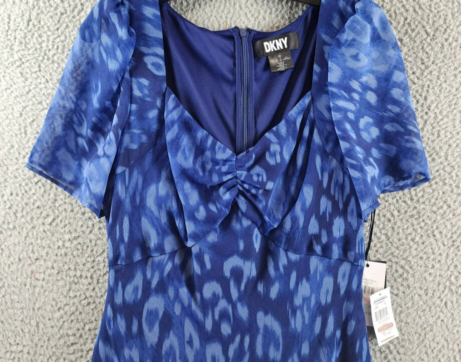 DKNY Printed Sweetheart-Neck Short-Sleeve Midi Dress Women's 10 Blue Zip Closure