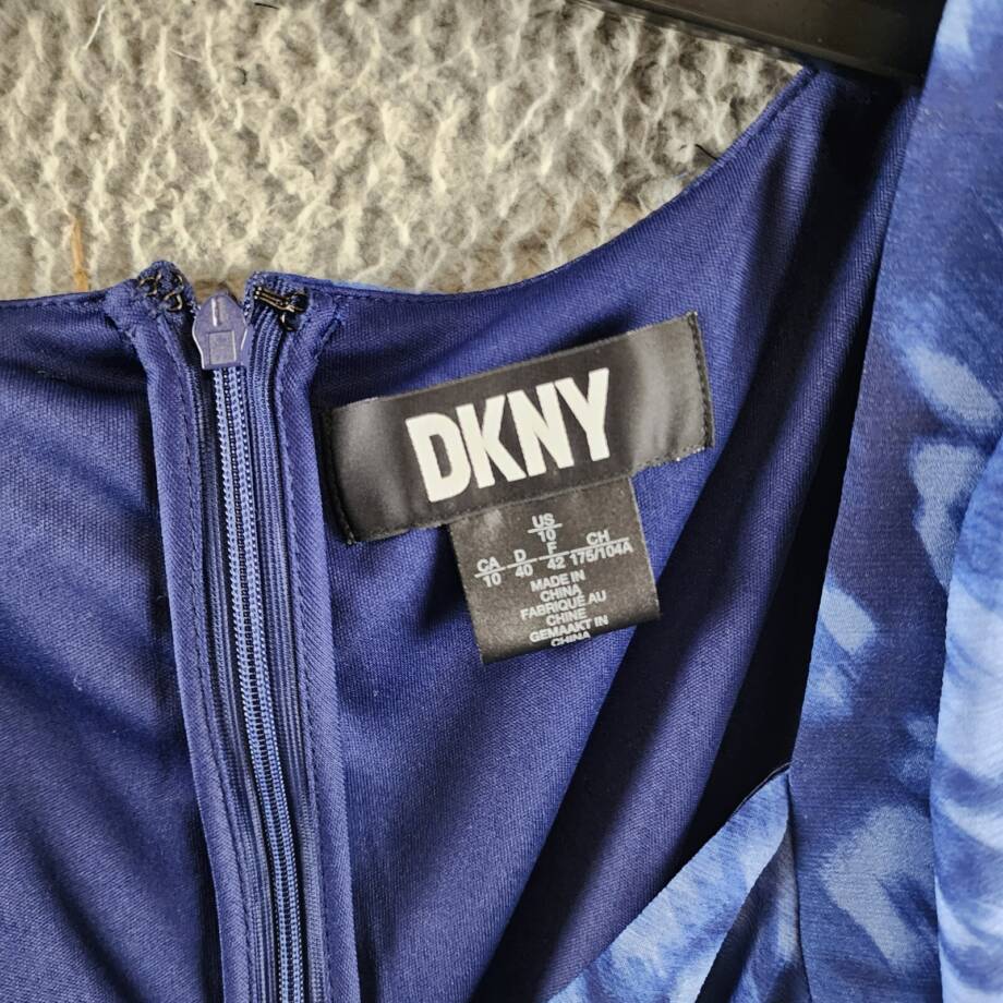 DKNY Printed Sweetheart-Neck Short-Sleeve Midi Dress Women's 10 Blue Zip Closure