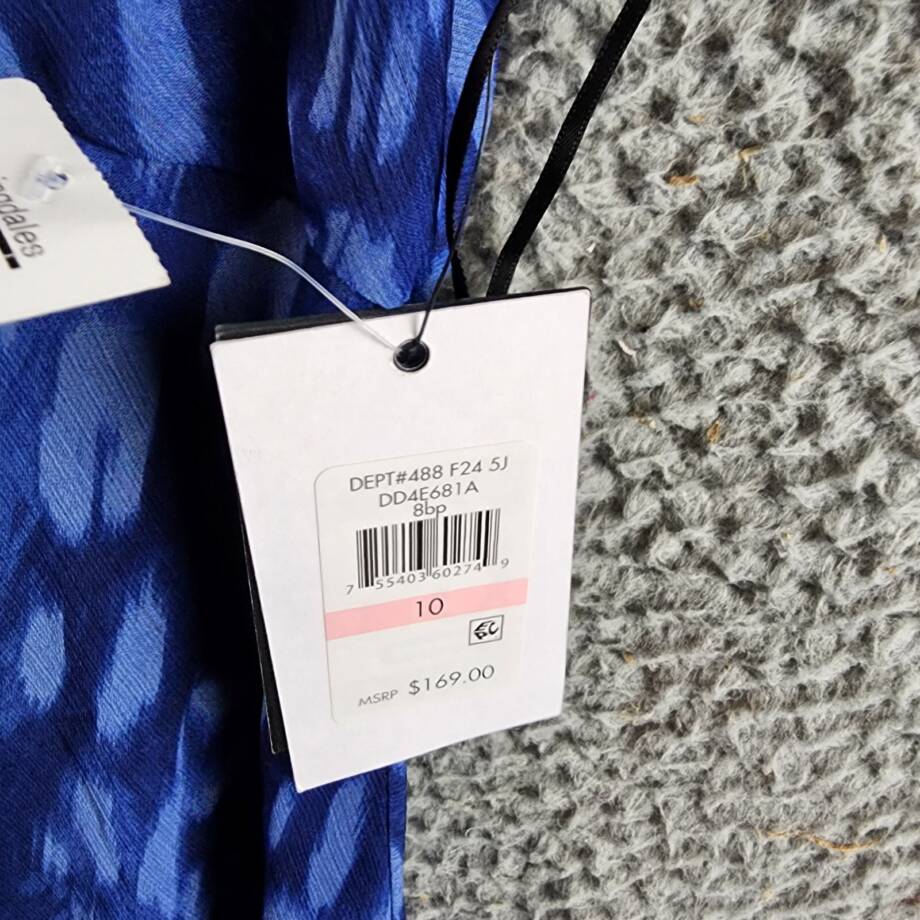 DKNY Printed Sweetheart-Neck Short-Sleeve Midi Dress Women's 10 Blue Zip Closure